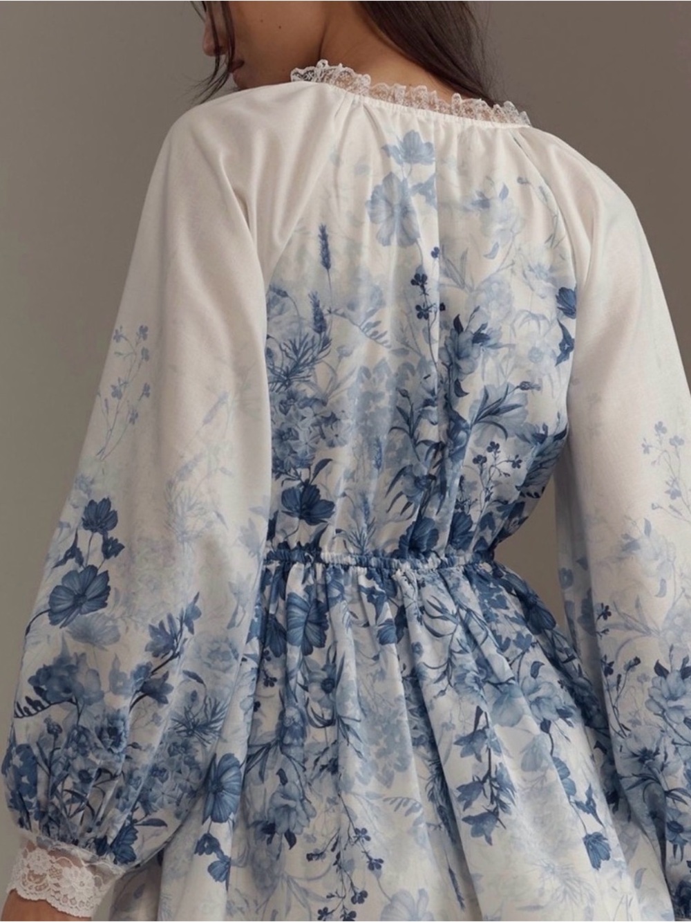 Anthropologie Blue & White Floral Mini Dress with Lace Trim - Picture 4 of 12